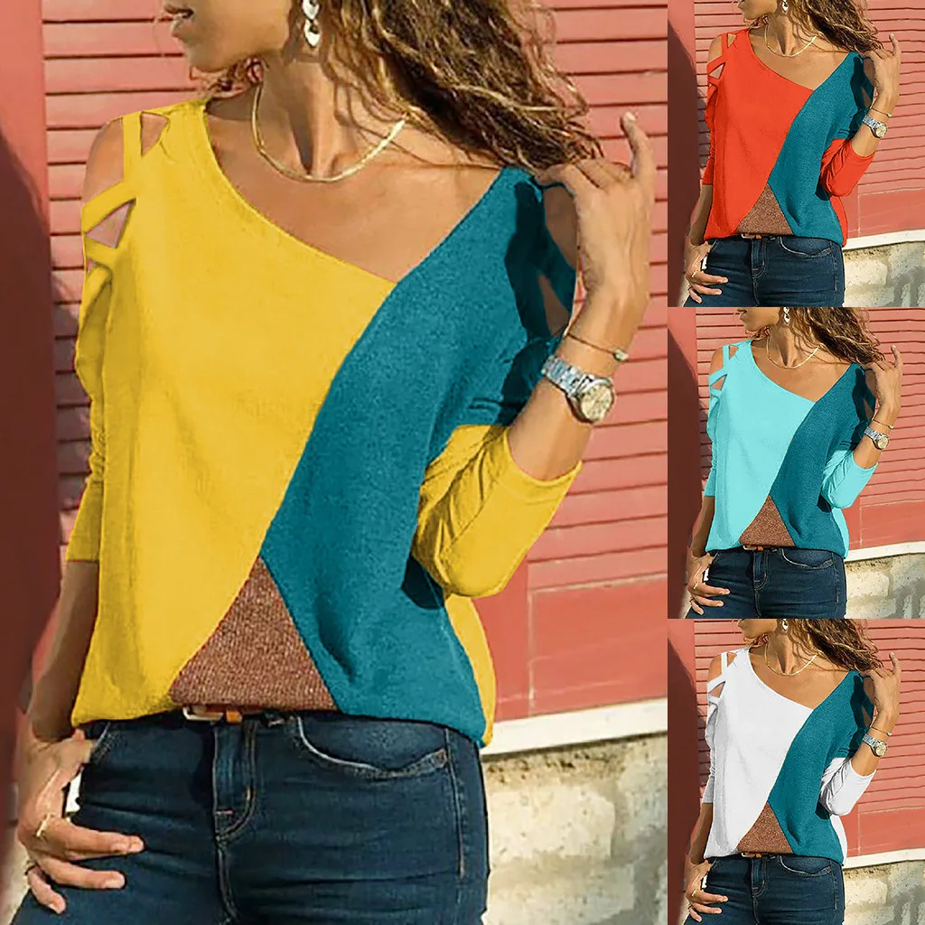 

Blouse Women Autumn New Fashion Casual Loose Patchwork Panel Top Round Neck Long Sleeve Off Shoulder Top